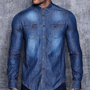 D555 Men's Medium Mid Wash Long Sleeve Denim Shirt